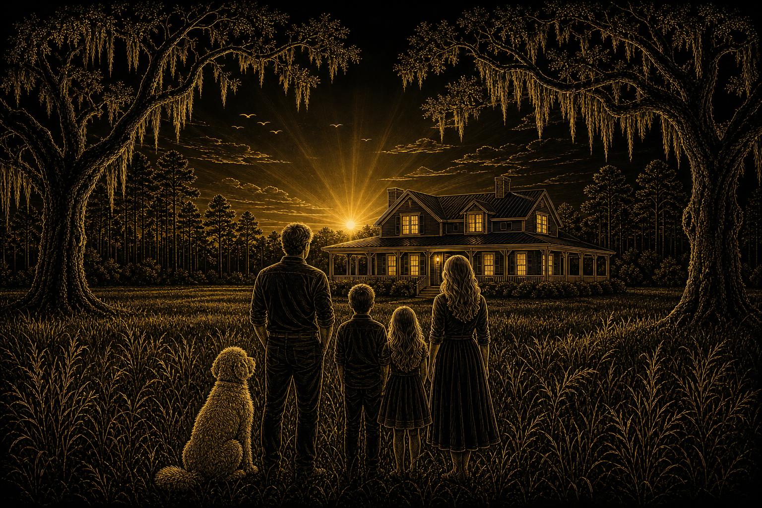 A family standing in an open field at sunset, looking toward a Southern wraparound-porch farmhouse framed by live oaks and pines
