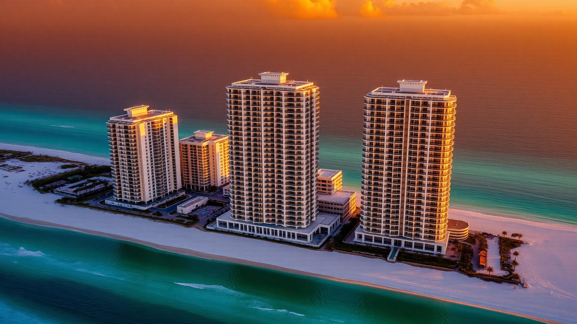 Luxury Panama City Beach high-rise beachfront condominiums at sunset