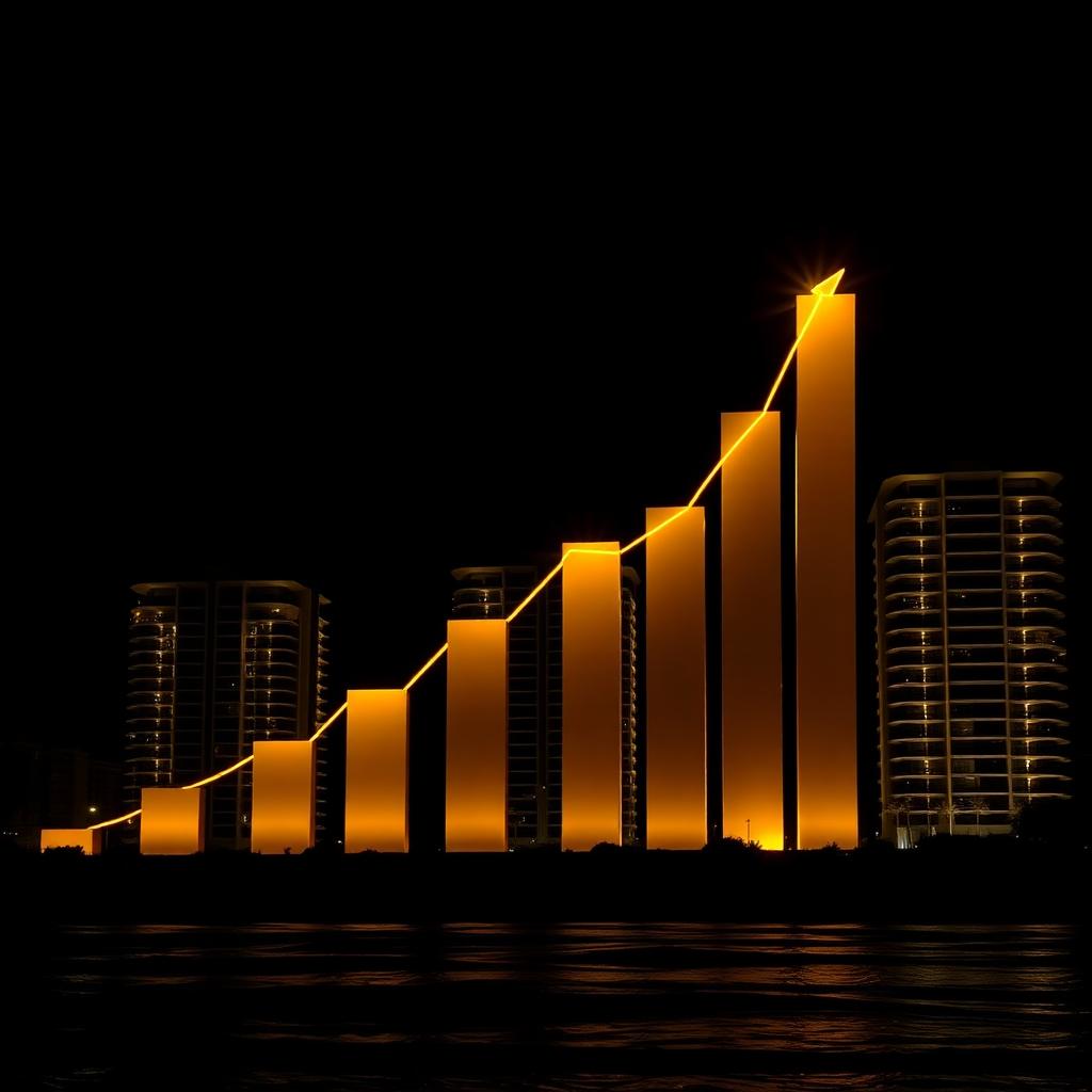 Rising gold growth chart over Gulf Coast condominiums symbolizing a strong vacation rental scenario