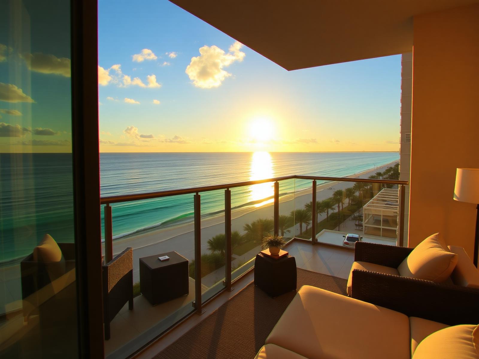 Luxury beachfront condo balcony overlooking the Gulf of Mexico