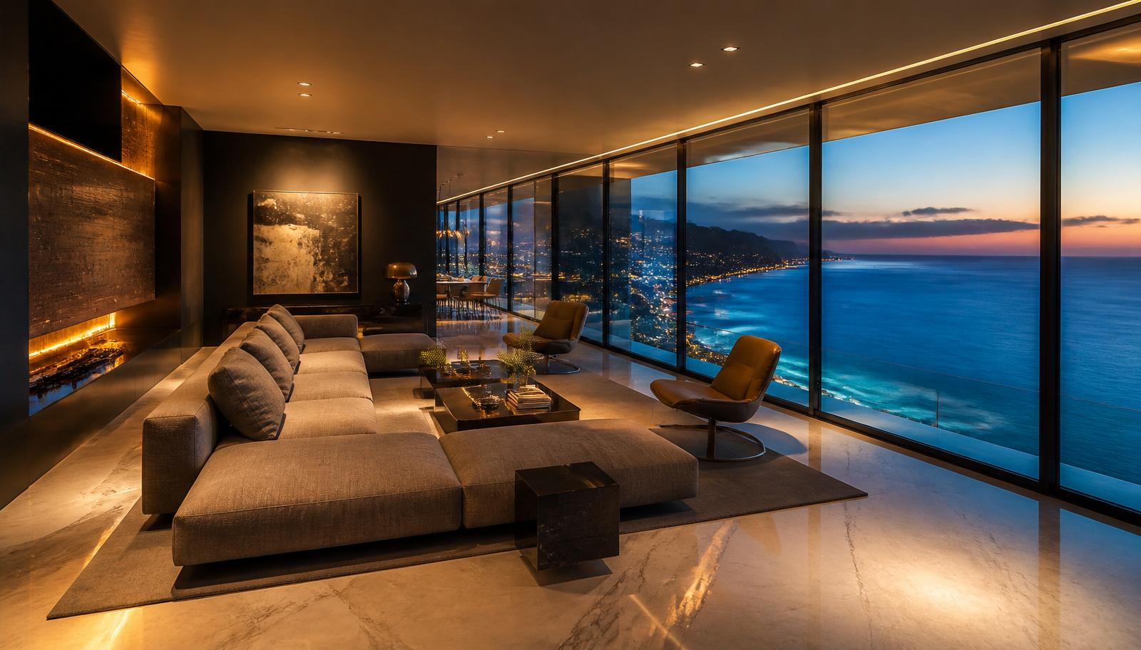 Luxury coastal penthouse interior at dusk overlooking the ocean